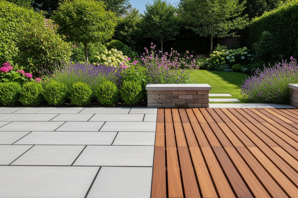 Terrasse en dalle et en lames de bois