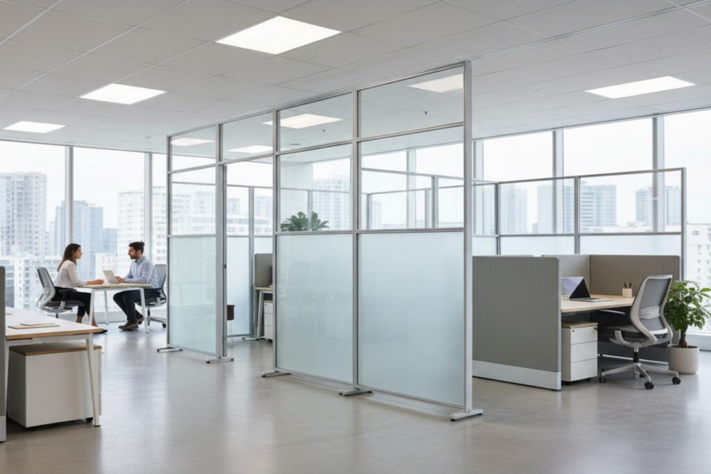 Un bureau aménager avec des cloisons amovibles