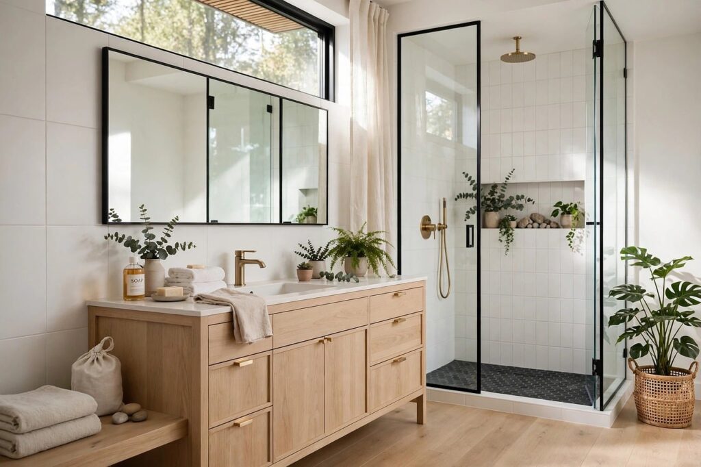inspirez-vous du style scandinave pour une salle de bains lumineuse et apaisante, avec des matériaux naturels, des lignes épurées et des idées déco fonctionnelles.